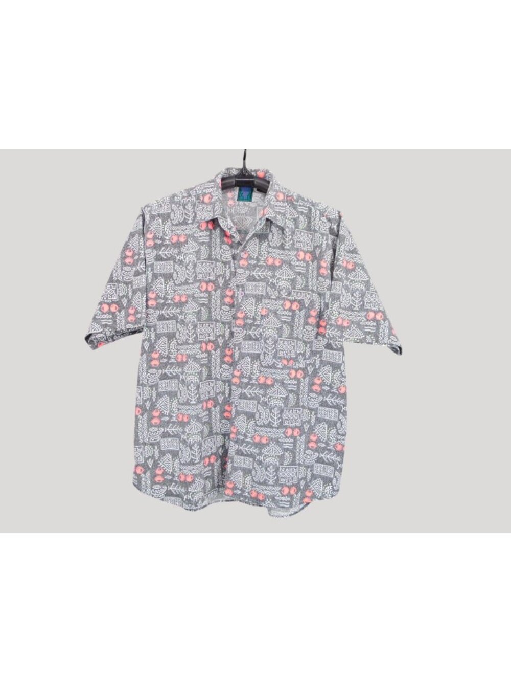 Vintage 80s Mens Shah Safari Gray Pink Hieroglyphs Button Shirt Size XL Abstract - Picture 11 of 11